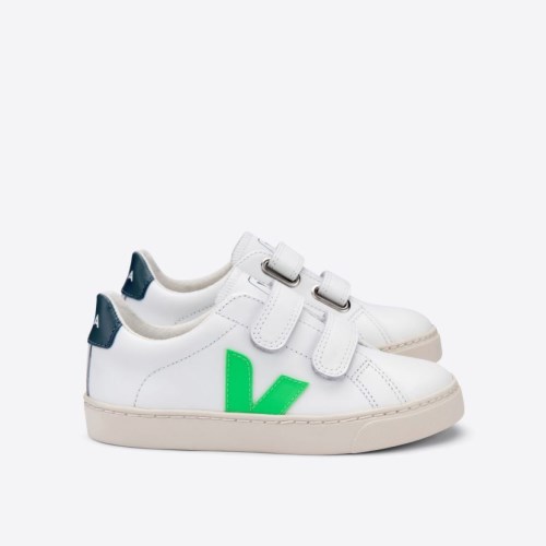 Veja Esplar Velcro Leather Kids Trainers White/Navy/Green UK 65467